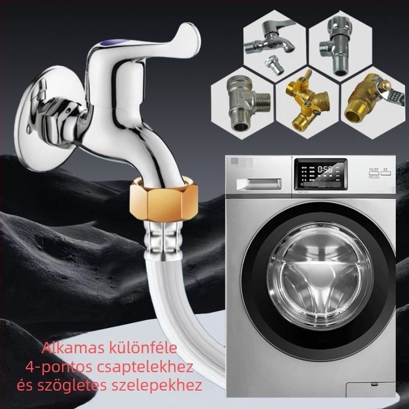 Új mosógép beömlőcső rézkupakkal, PVC, többméretű vízcsatlakozás, Modell HX-6140, 1.0 MPa, 0–80°C, kézi szerelés