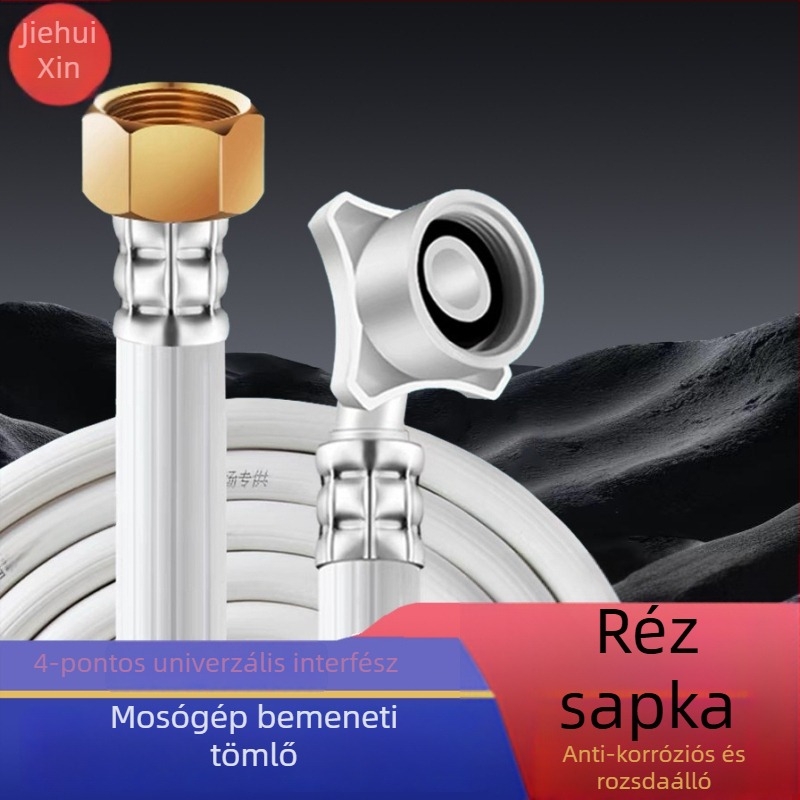 Új mosógép beömlőcső rézkupakkal, PVC, többméretű vízcsatlakozás, Modell HX-6140, 1.0 MPa, 0–80°C, kézi szerelés