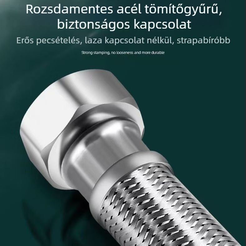 Vízbevezető tömlő rozsdamentes acél fonott, modell 2100, 304 rozsdamentes acél, névleges nyomás 1,6 MPa, működési hőmérséklet 80°C, telepítés típusa: hozzáférés