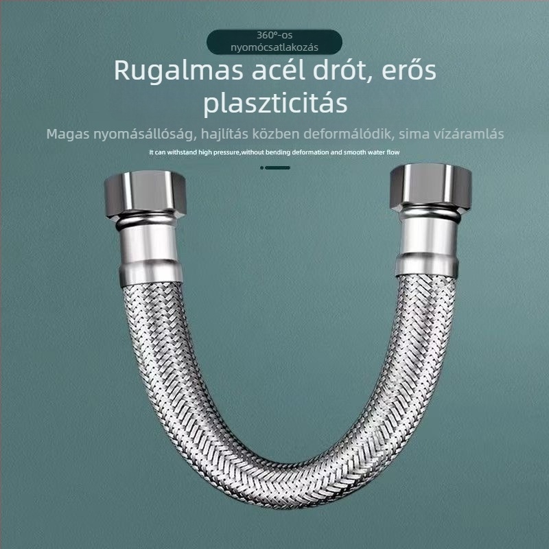 Vízbevezető tömlő rozsdamentes acél fonott, modell 2100, 304 rozsdamentes acél, névleges nyomás 1,6 MPa, működési hőmérséklet 80°C, telepítés típusa: hozzáférés