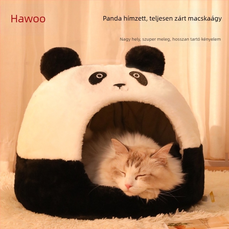 Z hímzett Panda teljesen zárt macskaház, téli meleg és vastagított kialakítás, kis- és közepes méretű kutyáknak, levehető és mosógépben mosható