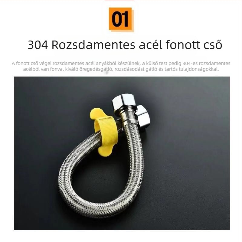 304 rozsdamentes acélból készült szövött tömlő WC és bojler vízcsatlakozásához, magas nyomású, menetes csatlakozás