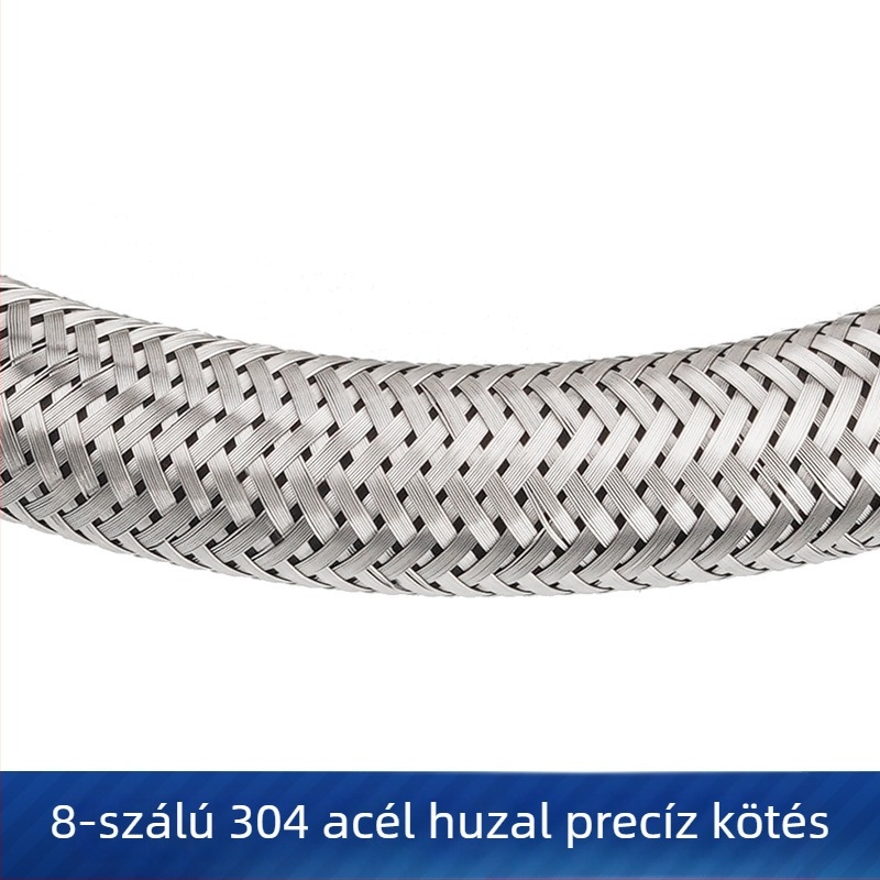 304 rozsdamentes acélból készült, fonott vízbekötő tömlő, csavaros csatlakozás, névleges nyomás 1.2 MPa, 5–80°C, Huixin
