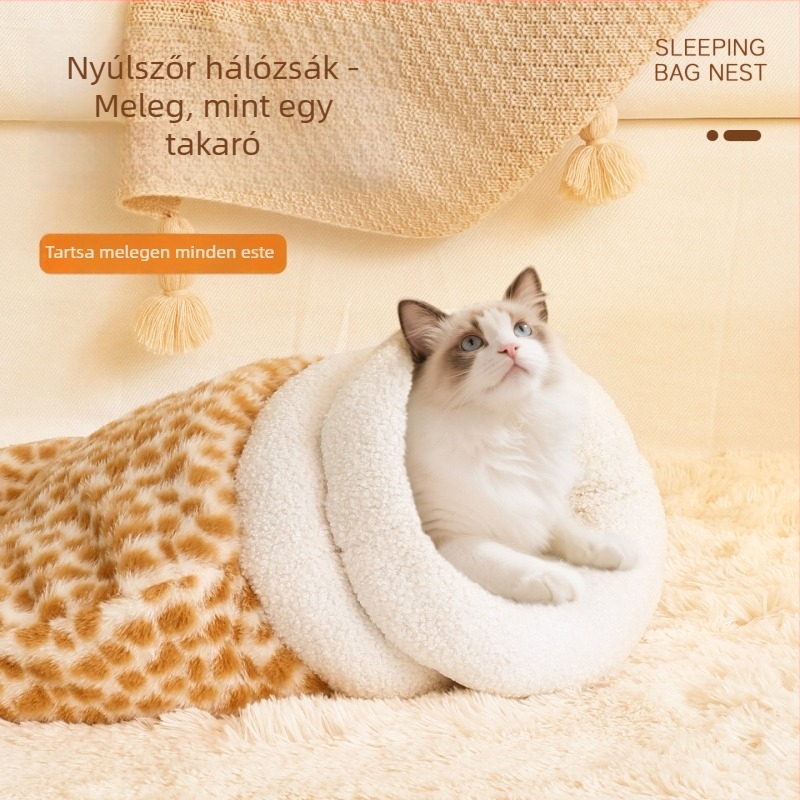 Macskafészek alvózsák plüss béléssel, vastag, zárt kialakítású, egész éves használatra, kis méretű háziállat számára, levehető, mosható matrac.