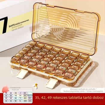 Tablettás doboz 35/42/49 rekesszel, zárható, 1 L kapacitású, PP/ABS/szilikon anyagból.