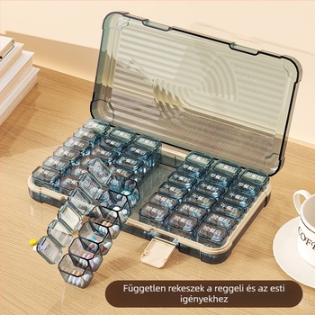 Tablettás doboz 35/42/49 rekesszel, zárható, 1 L kapacitású, PP/ABS/szilikon anyagból.