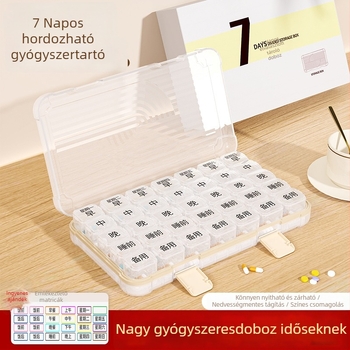 Tablettás doboz 35/42/49 rekesszel, zárható, 1 L kapacitású, PP/ABS/szilikon anyagból.
