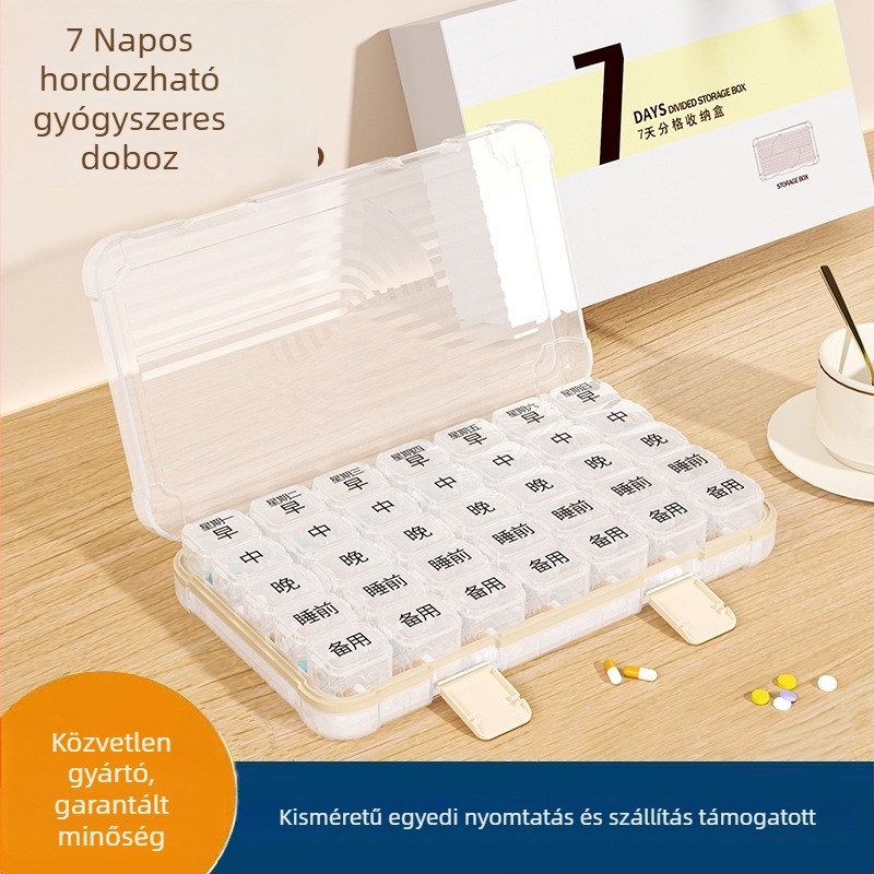 Tablettás doboz 35/42/49 rekesszel, zárható, 1 L kapacitású, PP/ABS/szilikon anyagból.