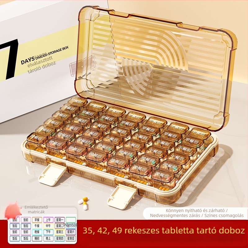 Tablettás doboz 35/42/49 rekesszel, zárható, 1 L kapacitású, PP/ABS/szilikon anyagból.