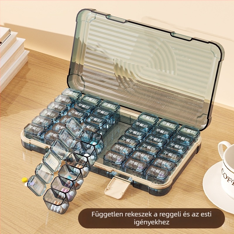 Tablettás doboz 35/42/49 rekesszel, zárható, 1 L kapacitású, PP/ABS/szilikon anyagból.