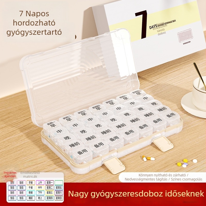 Tablettás doboz 35/42/49 rekesszel, zárható, 1 L kapacitású, PP/ABS/szilikon anyagból.