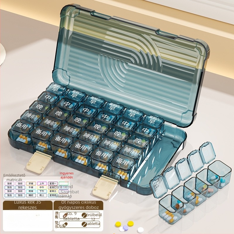 Tablettás doboz 35/42/49 rekesszel, zárható, 1 L kapacitású, PP/ABS/szilikon anyagból.