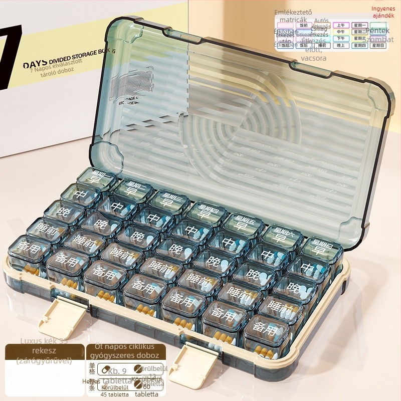 Tablettás doboz 35/42/49 rekesszel, zárható, 1 L kapacitású, PP/ABS/szilikon anyagból.