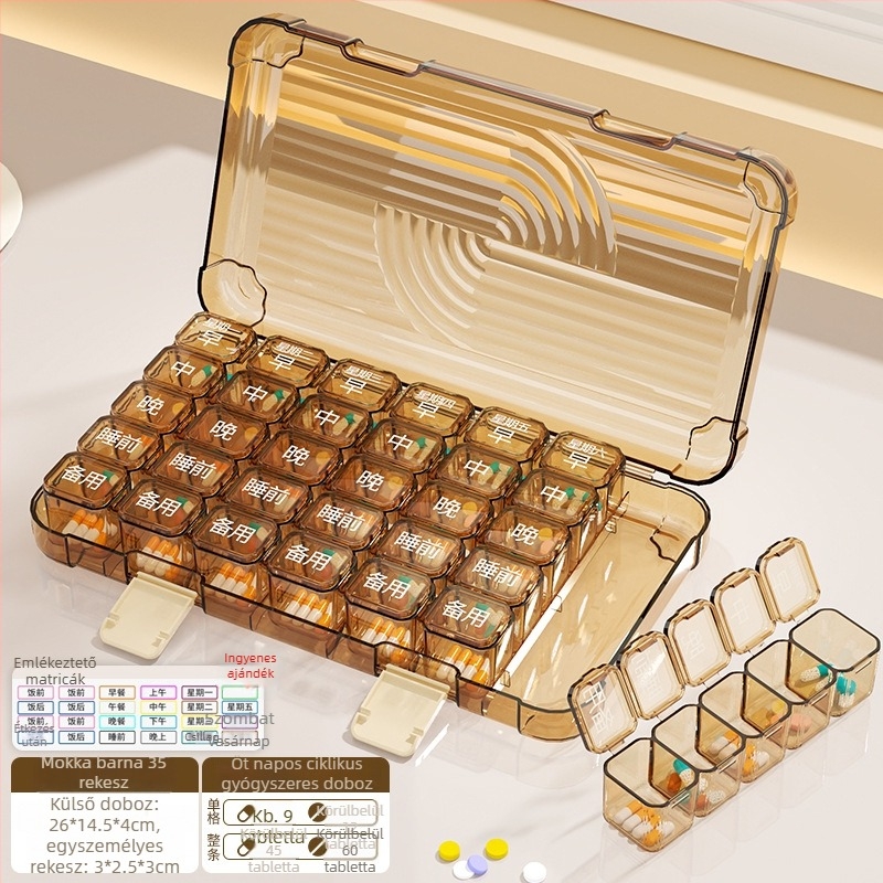 Tablettás doboz 35/42/49 rekesszel, zárható, 1 L kapacitású, PP/ABS/szilikon anyagból.