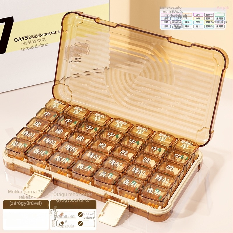 Tablettás doboz 35/42/49 rekesszel, zárható, 1 L kapacitású, PP/ABS/szilikon anyagból.