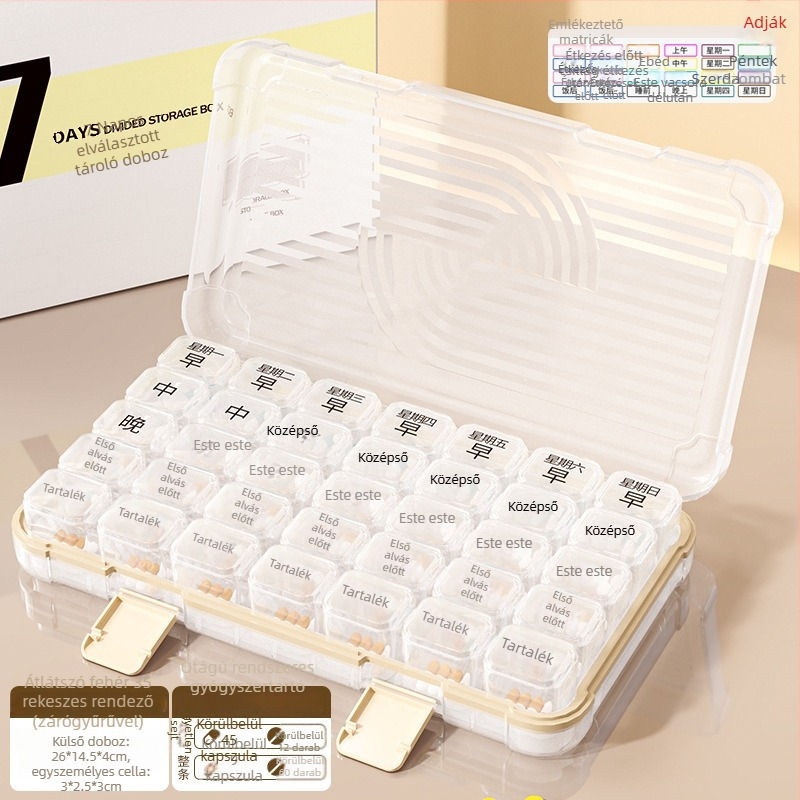 Tablettás doboz 35/42/49 rekesszel, zárható, 1 L kapacitású, PP/ABS/szilikon anyagból.