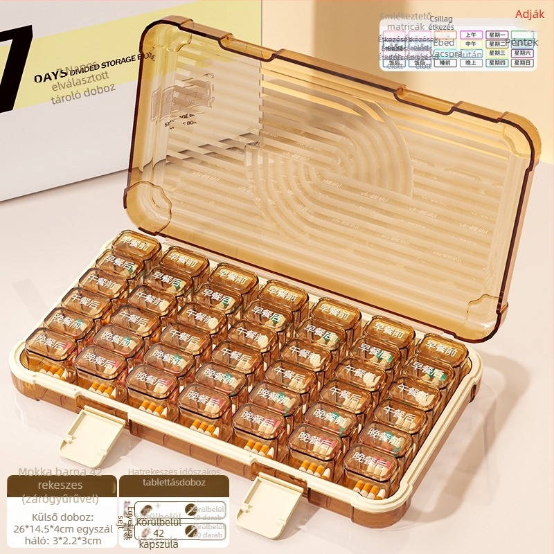 Tablettás doboz 35/42/49 rekesszel, zárható, 1 L kapacitású, PP/ABS/szilikon anyagból.