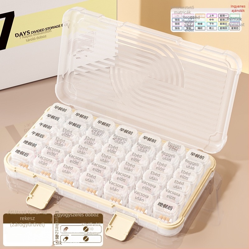 Tablettás doboz 35/42/49 rekesszel, zárható, 1 L kapacitású, PP/ABS/szilikon anyagból.