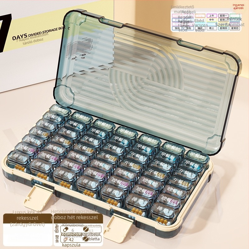 Tablettás doboz 35/42/49 rekesszel, zárható, 1 L kapacitású, PP/ABS/szilikon anyagból.
