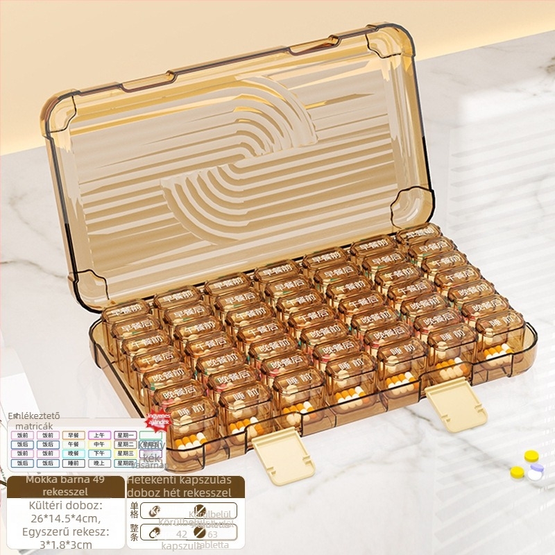 Tablettás doboz 35/42/49 rekesszel, zárható, 1 L kapacitású, PP/ABS/szilikon anyagból.