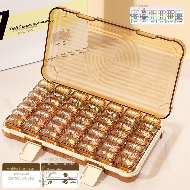 Tablettás doboz 35/42/49 rekesszel, zárható, 1 L kapacitású, PP/ABS/szilikon anyagból.