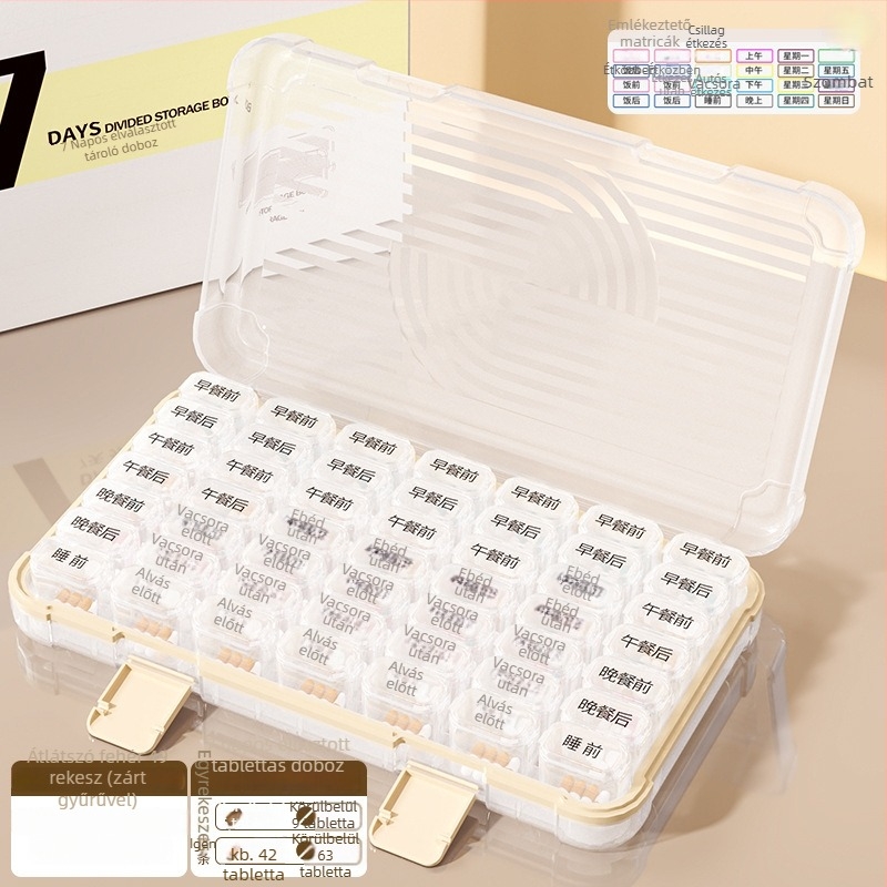 Tablettás doboz 35/42/49 rekesszel, zárható, 1 L kapacitású, PP/ABS/szilikon anyagból.