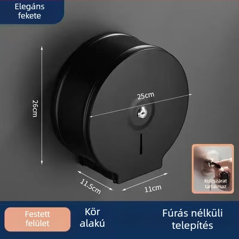 Fali szerelésű rozsdamentes acél papírtartó doboz; vízálló és többfunkciós; alkalmas fürdőszobába és közösségi mosdókba; kompatibilis levehető papírtörlővel.