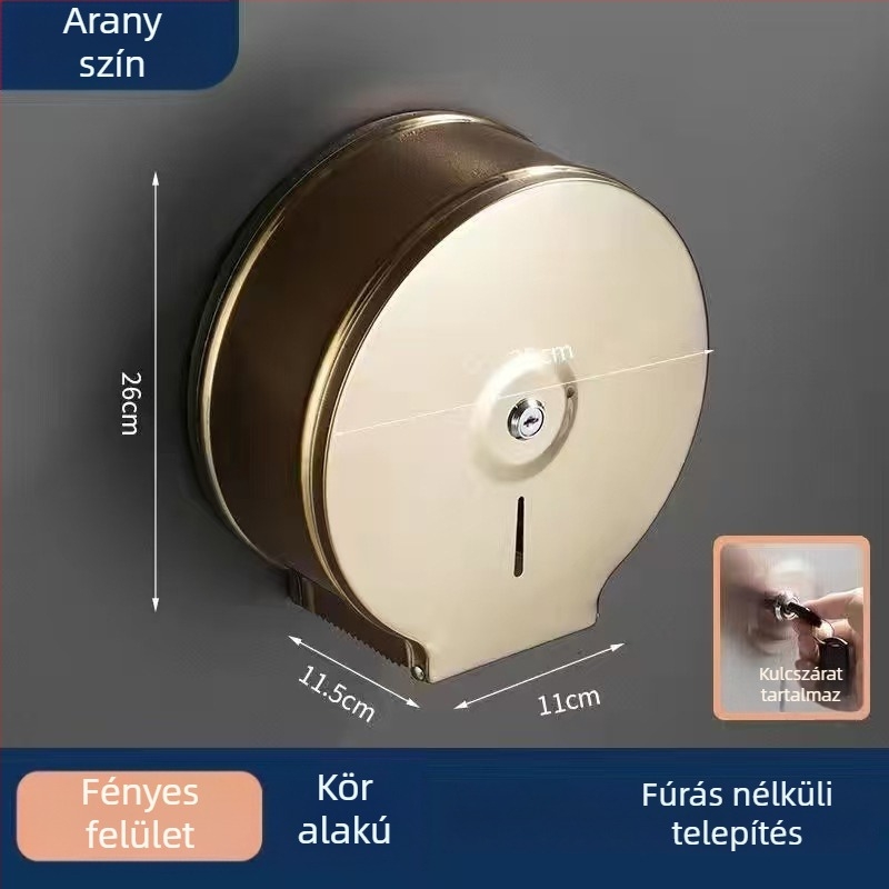 Fali szerelésű rozsdamentes acél papírtartó doboz; vízálló és többfunkciós; alkalmas fürdőszobába és közösségi mosdókba; kompatibilis levehető papírtörlővel.