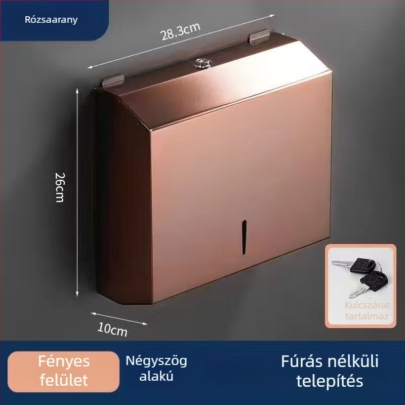 Fali szerelésű rozsdamentes acél papírtartó doboz; vízálló és többfunkciós; alkalmas fürdőszobába és közösségi mosdókba; kompatibilis levehető papírtörlővel.