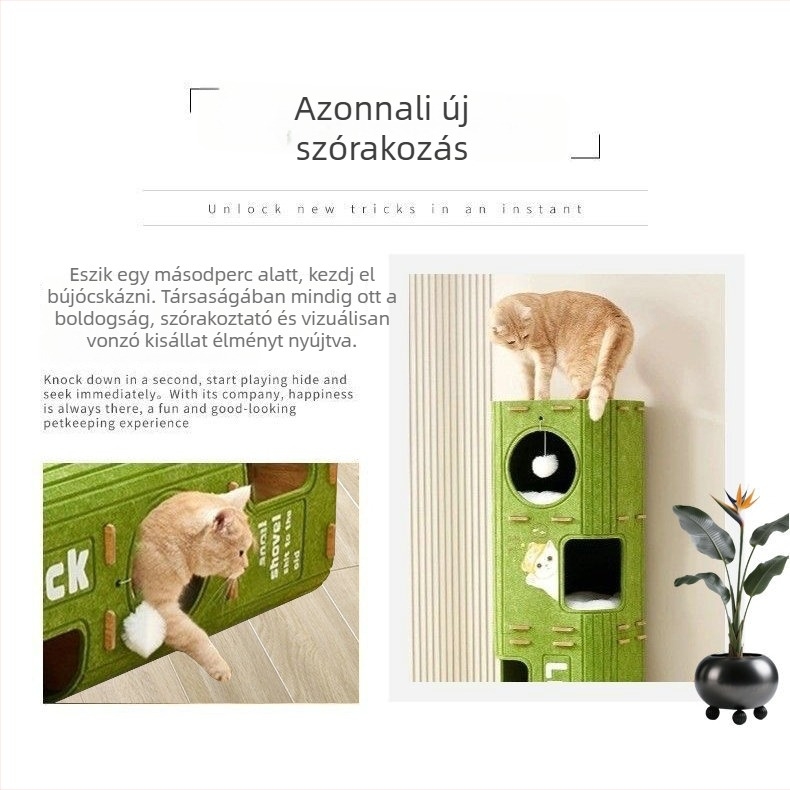 Többszintes macskafészek mind az évszakokra, integrált macskafa toronnyal és zárt macskaházzal, dupla kaparódeszkával