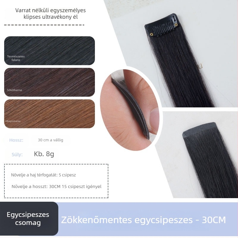 100% emberi hajból készült, varrásmentes, láthatatlan hajdarab, hosszú egyenes, egy klipsz, oldalsó hajhosszabbítás, volument növelő párnák