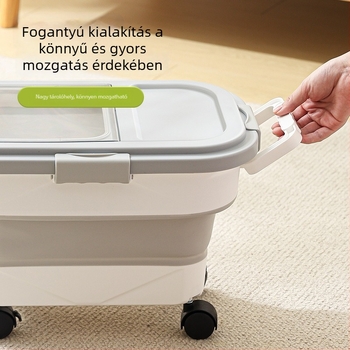 Összecsukható állateledel-tároló tartály zárható, nedvességálló fedéllel, 10 L kapacitás vagy nagyobb, PP műanyag, modern minimális dizájn
