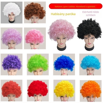Rajzfilm-stílusú rövid göndör bohóperuka, frufru lehet egyenes vagy ferde, K Silk/P Silk szálak, futball-rajongóknak és ünnepi bulikhoz