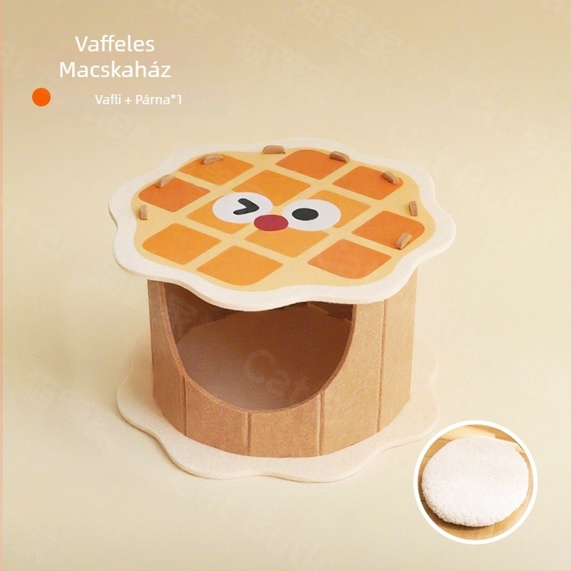 Filc macskafészek, egész éves használatra — félzárt waffles-dizájn, légáteresztő, vízálló, melegen tart