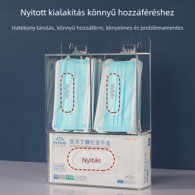 Akril falra szerelhető maszk- és kesztyűtároló doboz — 1 L kapacitás, rendezi a maszkokat, kesztyűket, sapkákat és cipővédőket