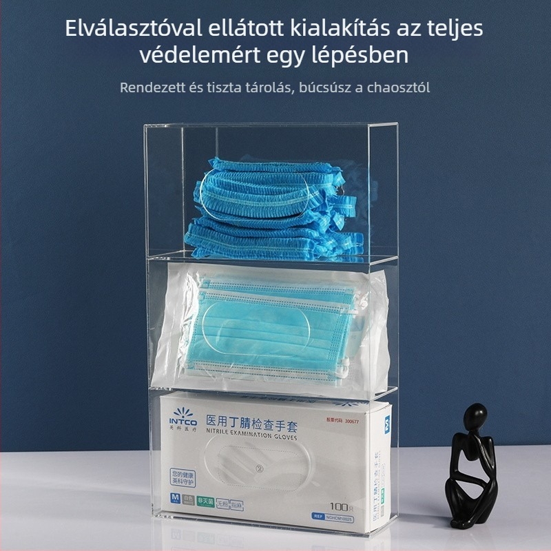 Akril falra szerelhető maszk- és kesztyűtároló doboz — 1 L kapacitás, rendezi a maszkokat, kesztyűket, sapkákat és cipővédőket