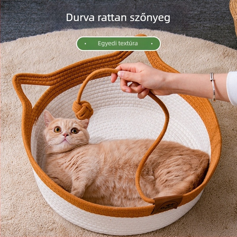 Macskafészek fonott rattanból, pamutkötél anyagból, félig zárt dizájn, márka Janie Cat