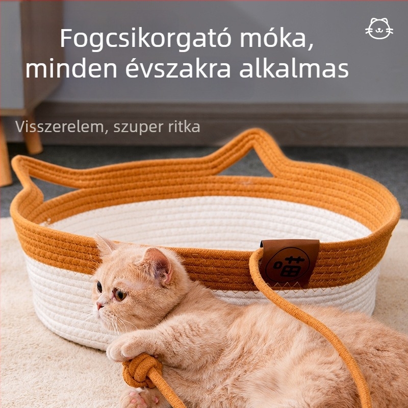 Macskafészek fonott rattanból, pamutkötél anyagból, félig zárt dizájn, márka Janie Cat