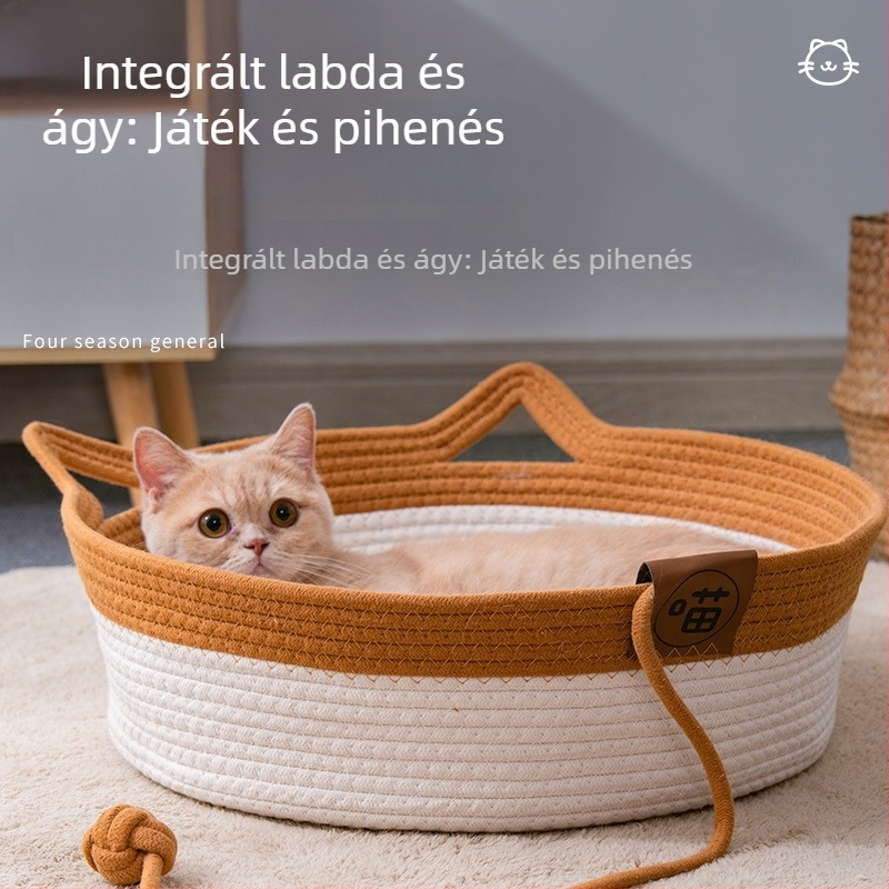 Macskafészek fonott rattanból, pamutkötél anyagból, félig zárt dizájn, márka Janie Cat
