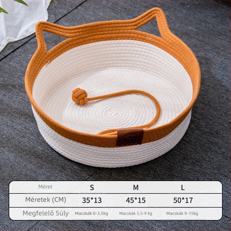 Macskafészek fonott rattanból, pamutkötél anyagból, félig zárt dizájn, márka Janie Cat