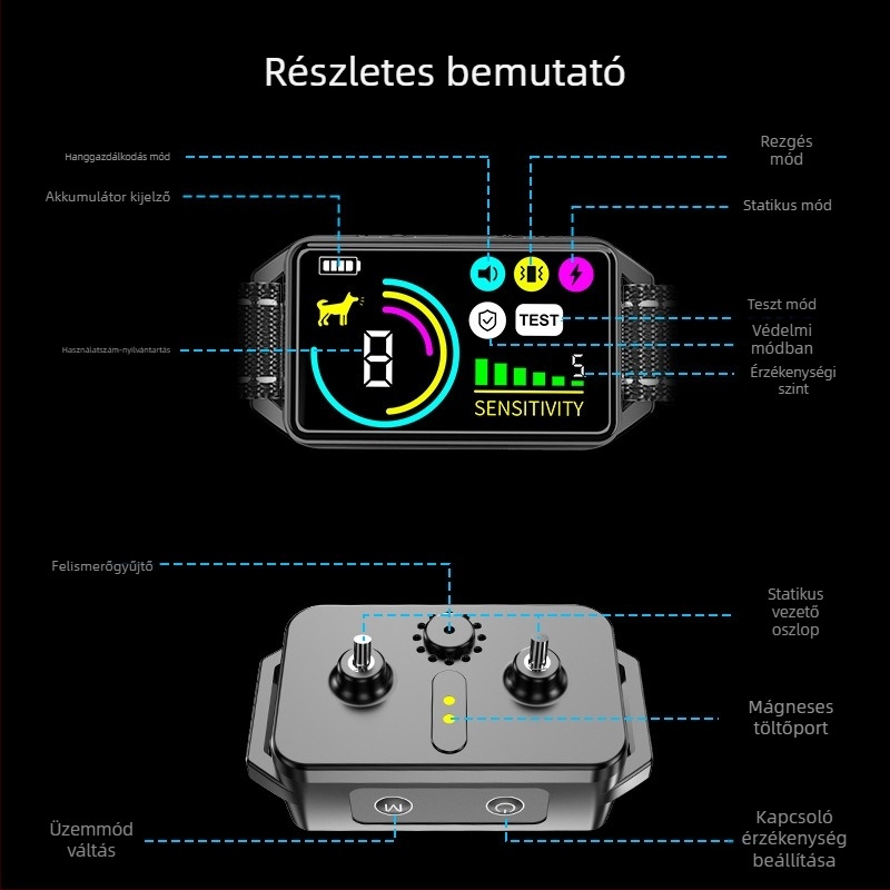 PPN LCD-kijelzős ugatásgátló nyakörv kutyáknak, 3-tengelyes intelligens azonosítással, műanyag anyagú, elektromos kiképző nyakörv