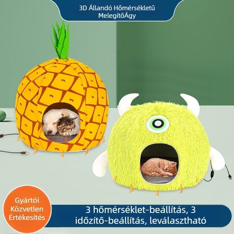 Félig zárt macskaház télre, USB elektromos fűtés, velúr anyag