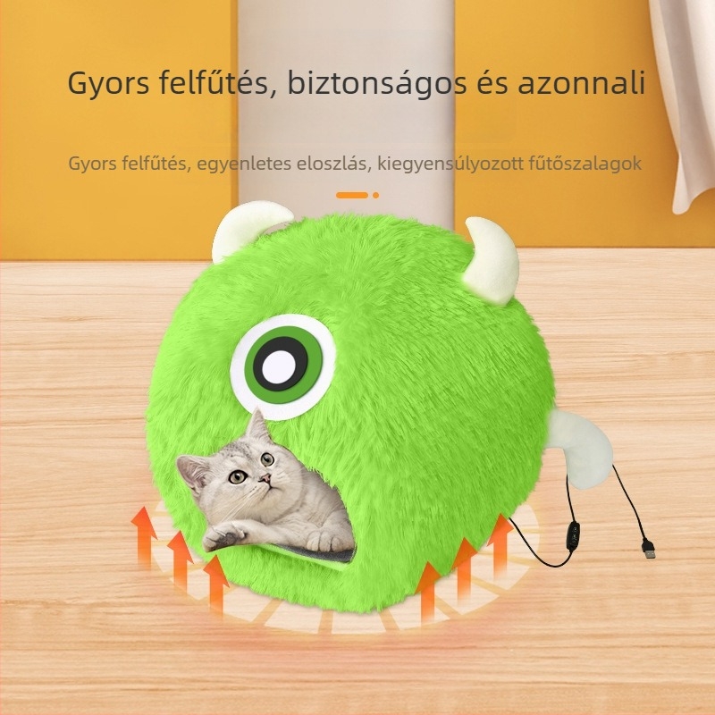 Félig zárt macskaház télre, USB elektromos fűtés, velúr anyag