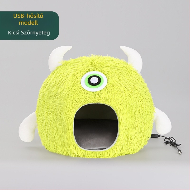 Félig zárt macskaház télre, USB elektromos fűtés, velúr anyag