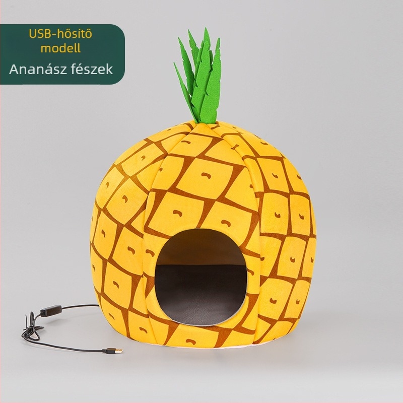 Félig zárt macskaház télre, USB elektromos fűtés, velúr anyag