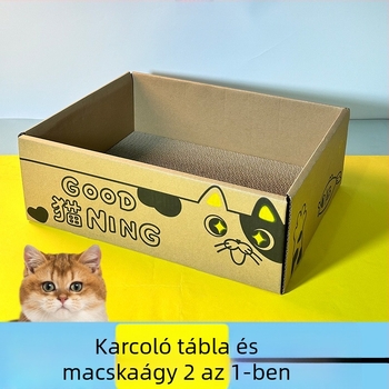 Beépített kaparófelülettel ellátott hullámkarton macskafészek, egész éves használatra.