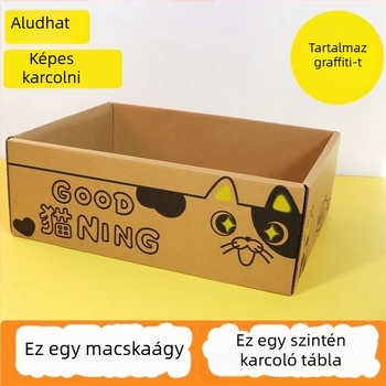 Beépített kaparófelülettel ellátott hullámkarton macskafészek, egész éves használatra.