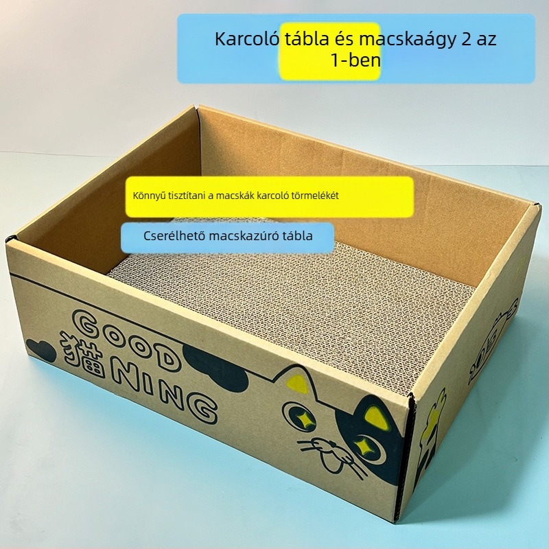 Beépített kaparófelülettel ellátott hullámkarton macskafészek, egész éves használatra.