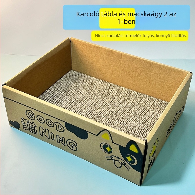 Beépített kaparófelülettel ellátott hullámkarton macskafészek, egész éves használatra.
