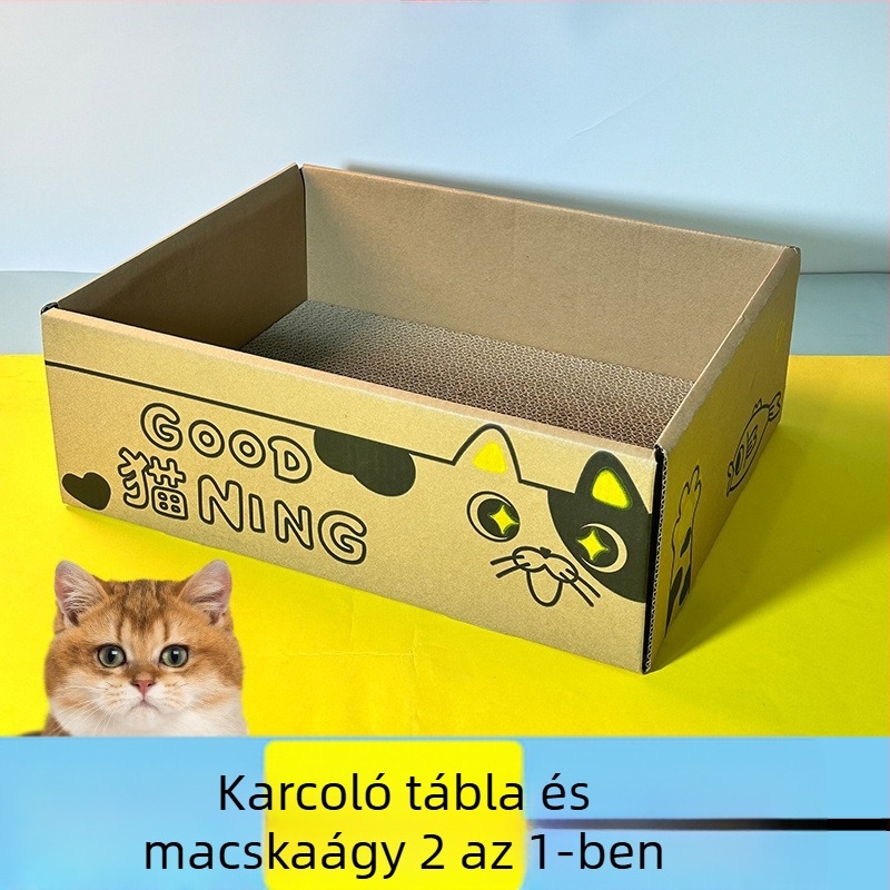 Beépített kaparófelülettel ellátott hullámkarton macskafészek, egész éves használatra.